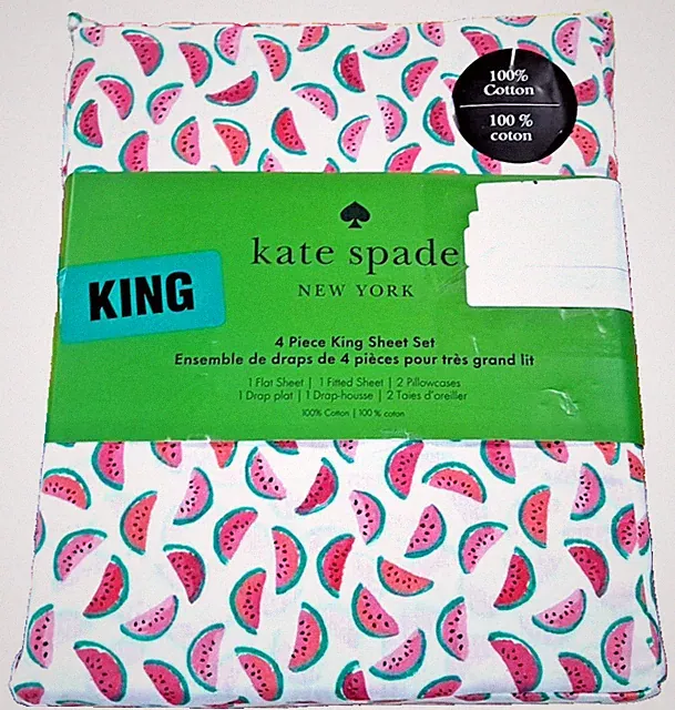 Kate Spade Colorful Luxury King Bed Sheet Set Watermelon Slices White Cotton New