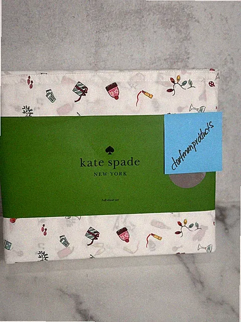 Kate Spade Holiday Full Sheet Set Presents Lights Winter Hat Coffee Lipstick NEW