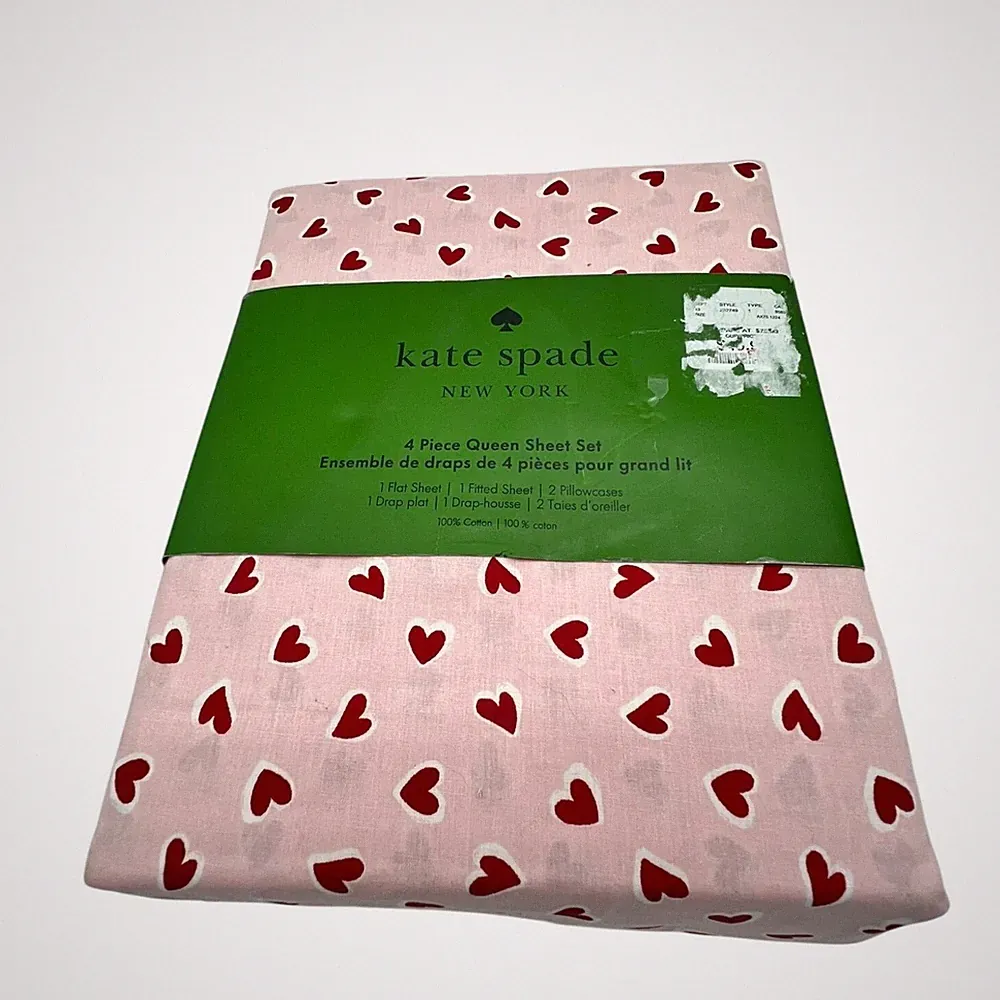 Kate Spade New York 100% Cotton Pink Hearts 4-Piece Queen Sheet Set Bedding