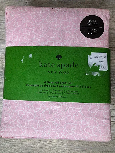 Kate Spade New York 4 Piece Full Sheet Set 100% Cotton Chalk Pink Outline Hearts