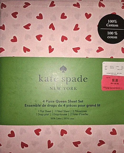 Kate Spade New York 4-Piece Queen Sheet Set 100% Cotton Brushstroke Hearts Desig