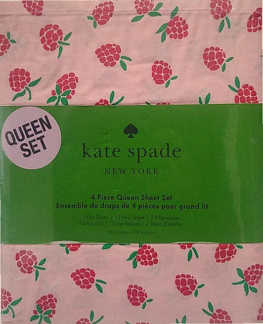 Kate Spade New York 4 Piece Queen Sheet Set 100% Cotton Pink Raspberries | *NEW*