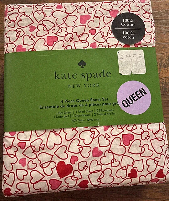 Kate Spade New York 4 Piece Queen Sheet Set Heart Print Cotton Fits 17" Mattress
