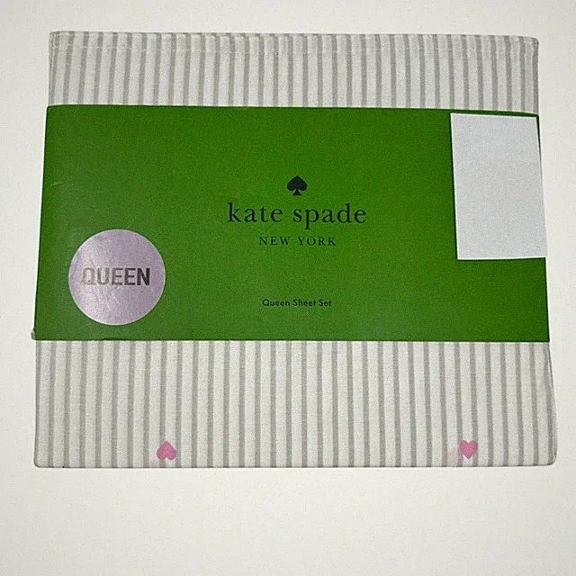 Kate Spade New York QUEEN Bed Sheet Set Cotton Percale Gray Stripe Hearts New