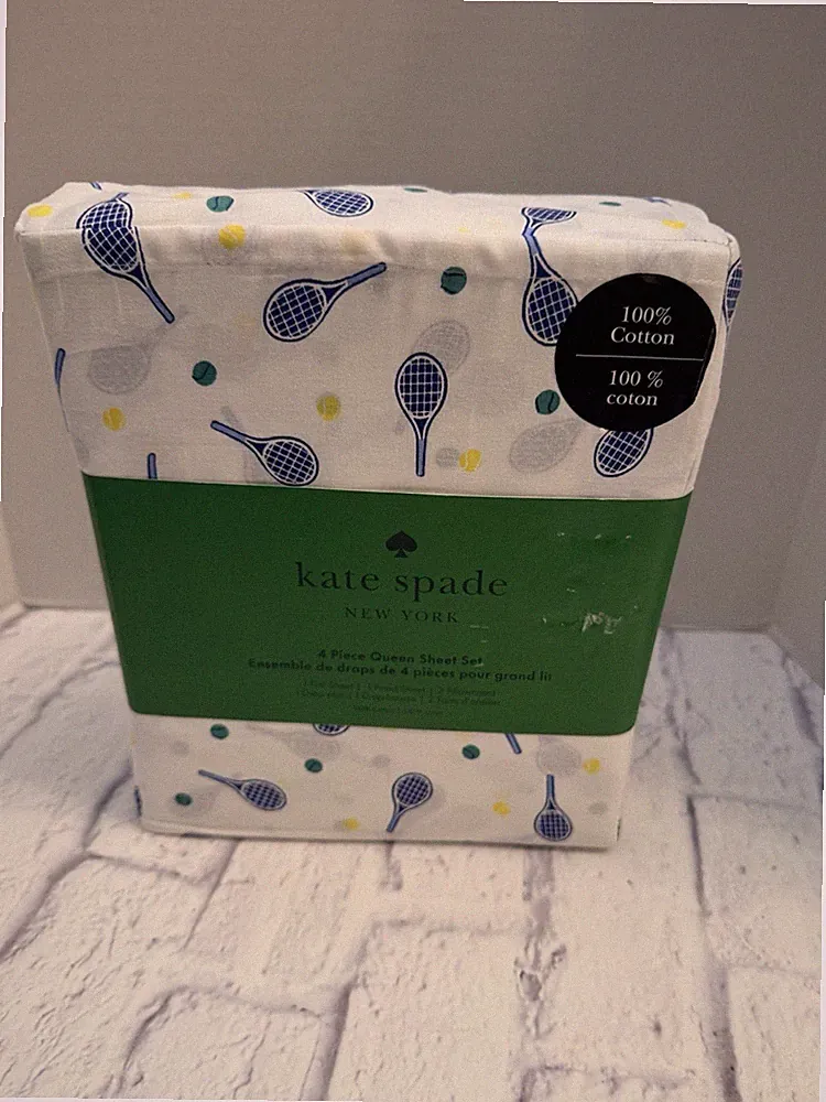 Kate Spade New York Queen Sheet 4 Piece Set 100% Cotton Tennis/Racket Ball, NWT