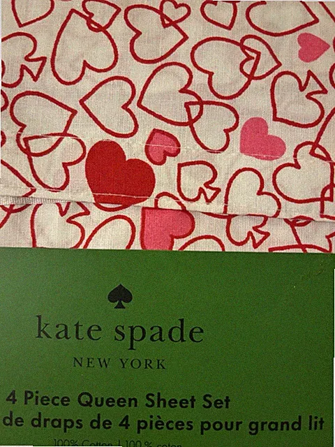 Kate Spade Queen Sheet Set 100% Cotton Percale Pink Red Outline Heart White New!