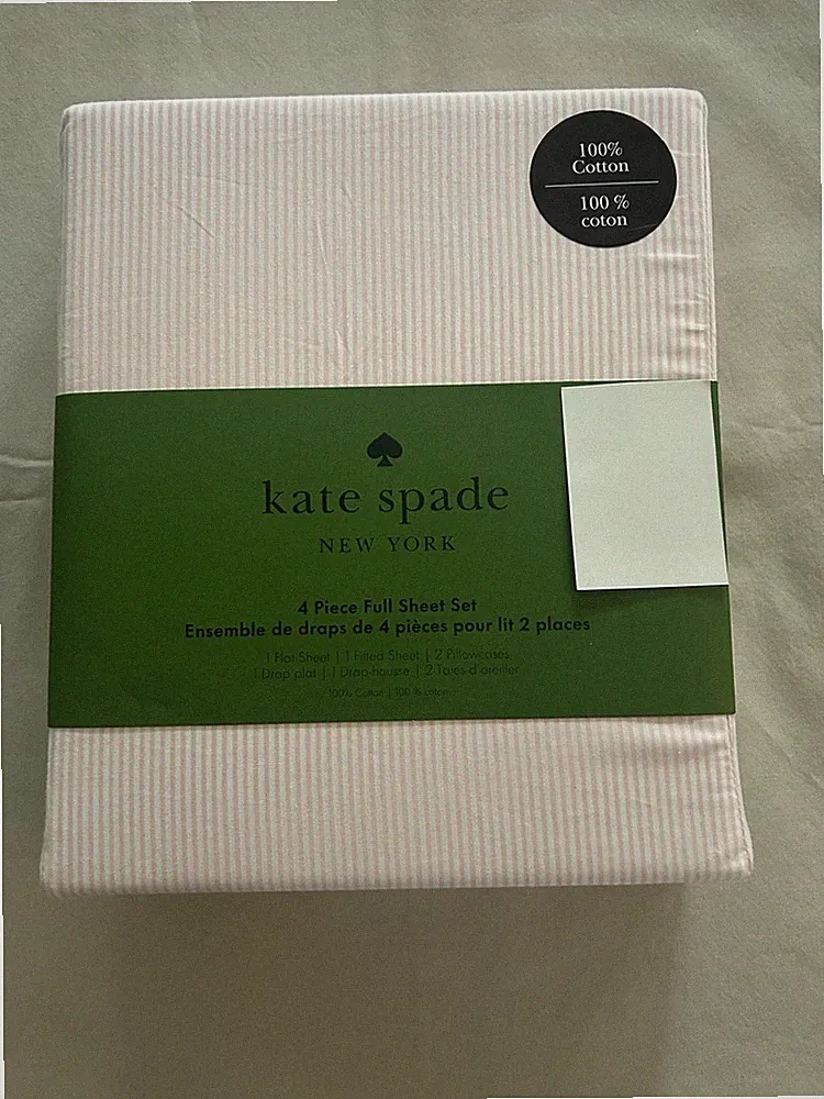 NEW 4pc Kate Spade Full Sheet Set Contemporary Chalk Pink & White Pinstripes