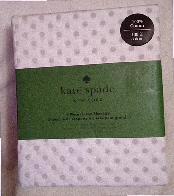 New KATE SPADE Four (4) Piece QUEEN Set 100% Cotton Grey Dot/Off-White