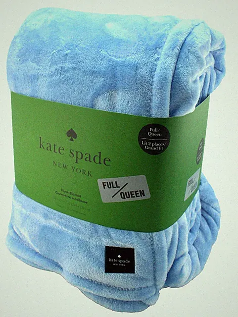 New KATE SPADE Queen Size 98" x 92" Sky Blue / Black Badge Logo Plush Blanket