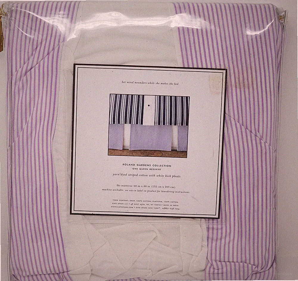 NEW Kate Spade Roland Garden White Purple Stripe Pleated QUEEN Bedskirt